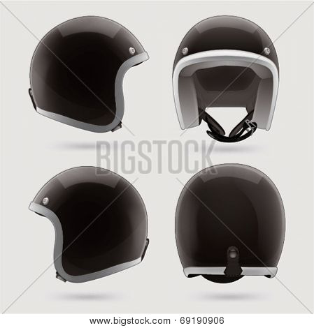 Black motorbike classic helmet. Front, back and side view.