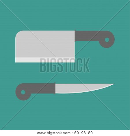 Big Steel Kitchen Knife Set. Flat Design Style.