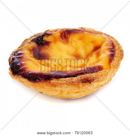 a pastel de nata, typical Portuguese egg tart pastry, on a white background