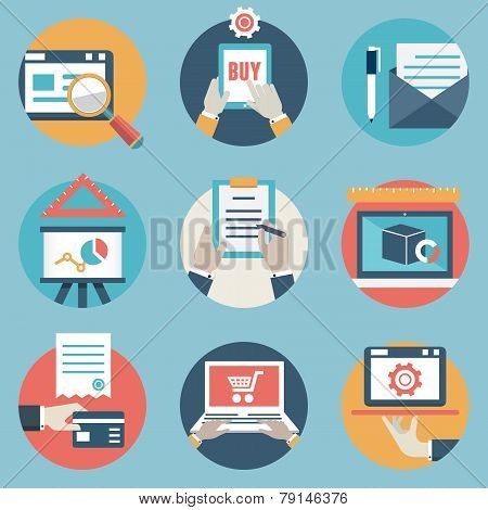Flat Set Of Modern Vector Icons And Symbols On Business Management Or Analytics And Information Them