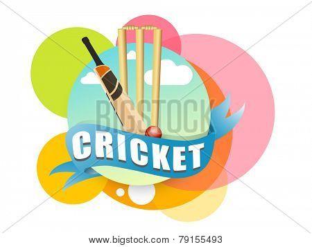 Colorful stickers with cricket bat, ball and wicket stumps on white background. 