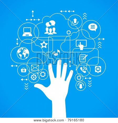 Vector background. Social media concept. Ã?Ã??ommunication in the global computer networks. Set of flat design concept icons for web and mobile services. Human hand, and symbols in the form of a tree.