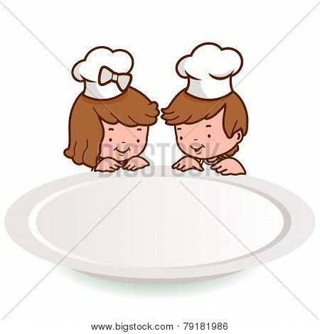 children chefs looking over an empty plate