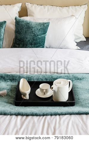 Tea Set On Black Tray In Modern Bedroom