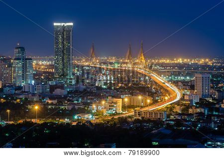 Bhumibol Bridge In Thailand Top View At Night