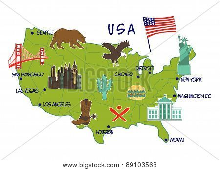 map of USA with typical features