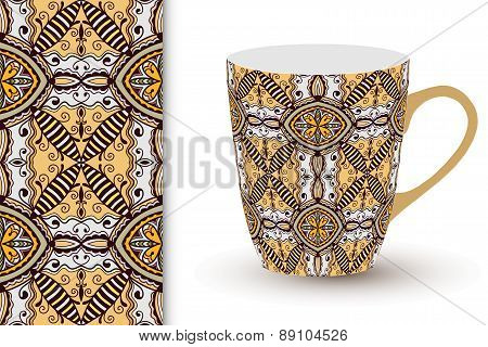 Seamless geometric pattern and cup with decorative ornament.