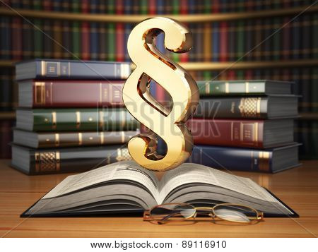 Paragraph sign on the vintage book in library. Law concept. 3d