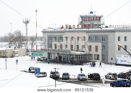 Winter View Of Airport Terminal Petropavlovsk-Kamchatsky. Russia, Kamchatka Peninsula