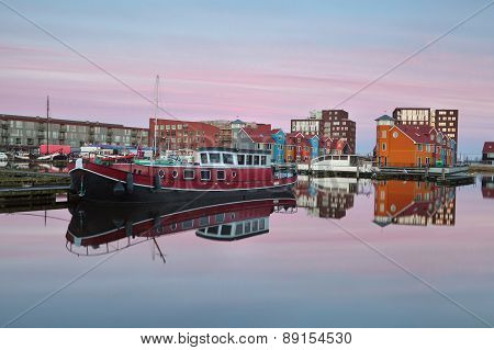 Ship On Reitdiephaven Harbor At Sunrise