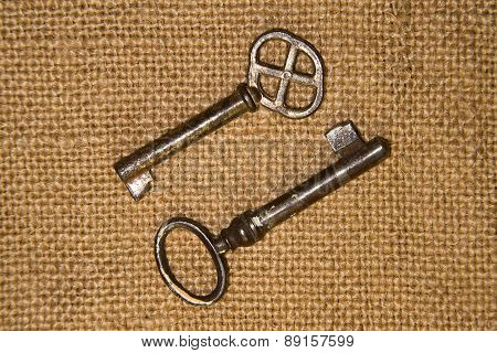 Two Old Keys To The Safe On A Very Old Cloth