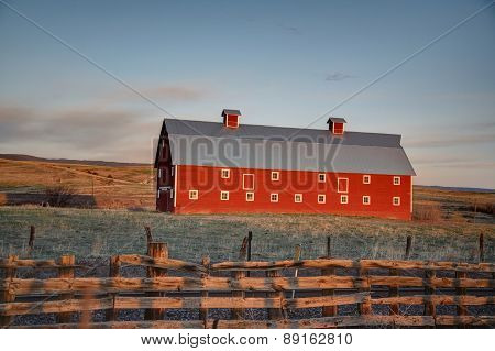 Red barn at sunrise