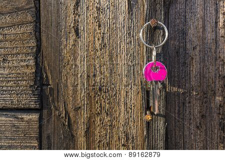 Pink Key Hanging On Rustic Nail