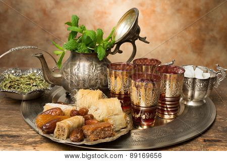 Honey cookies and dates on a Moroccan tea tray