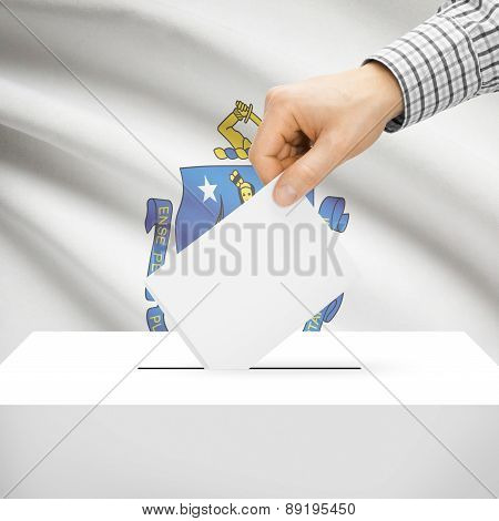 Voting Concept - Ballot Box With National Flag On Background - Massachusetts
