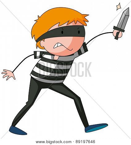 Close up robber in striped shirt holding a knife