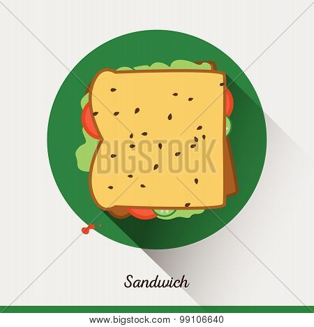 Vector minimalist food icon. Sandwich with tomatoes, lettuce, sesame seeds, cucumbers.  Toast in a f