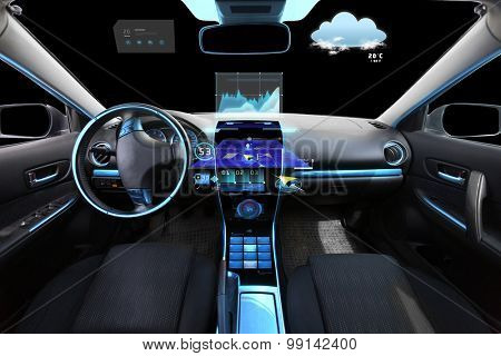 transport, destination and modern technology concept - car salon with navigation system on dashboard and meteo sensor on windshield