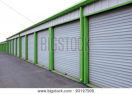 Detail of storage units building with sliding garage style doors