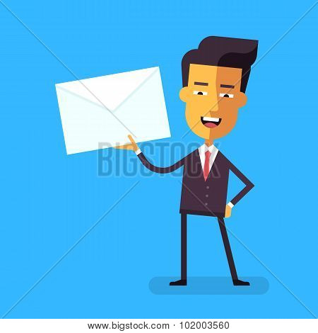 Handsome asian businessman in formal suit talking holding an envelope with a letter. Cartoon charact