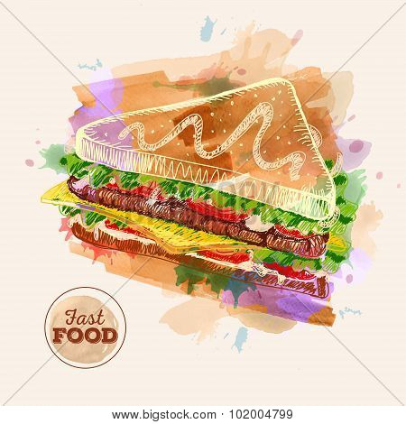 Watercolor Hamburger Or Sandwich. Fast Food Sketch