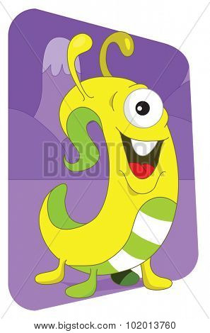 Friendly looking worm or snake alien monster from another planet, on a purple mountaintops background