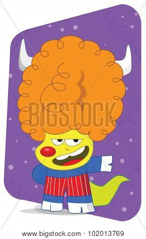 Big orange Afro retro dog with pig hand and feet, alien monster in a stretchy outfit for dance.