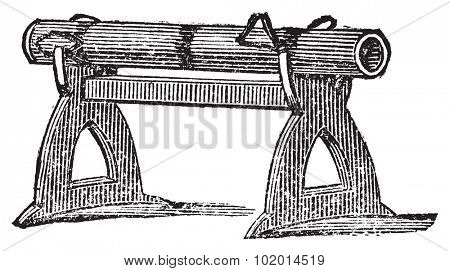 Engraving of a gun platform used at the Battle of Cressy in 1346. Old illustration of an antique gun used in the Hundred Year's war.