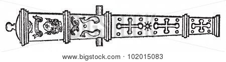 Culverin or medieval cannon old engraving. Old engraved illustration of of a culverin weapon.