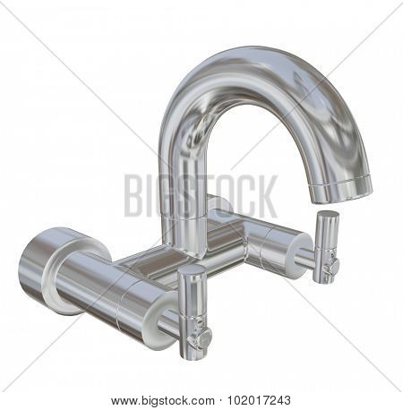 Modern faucet with chrome finishing, 3d illustration, isolated against a white background