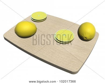 Rectangular wooden utting board with whole and sliced lemon, 3d illustration, isolated against a white background