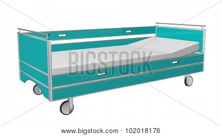Green and grey mobile children's hospital bed with recliner and side guards, 3D illustration, isolated against a white background