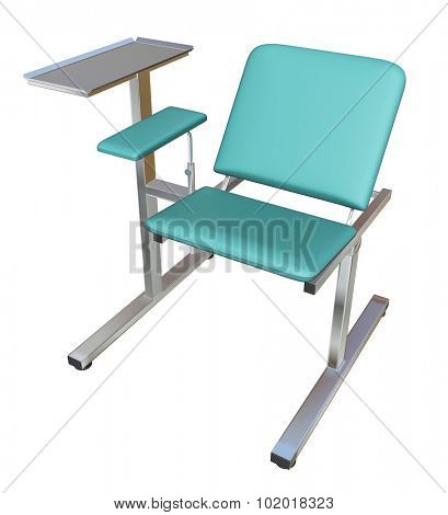 Adjustable medical examination chair with green padding, 3D illustration, isolated against a white background.