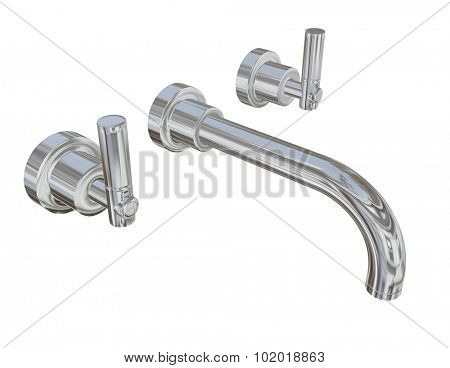 Modern faucet with chrome or stainless steel finishing, 3d illustration, isolated against a white background. Kitchen fixtures.