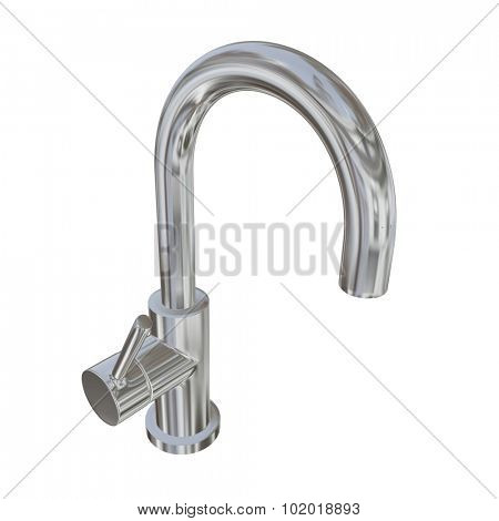 Modern faucet with chrome or stainless steel finishing, 3d illustration, isolated against a white background. Kitchen fixtures.