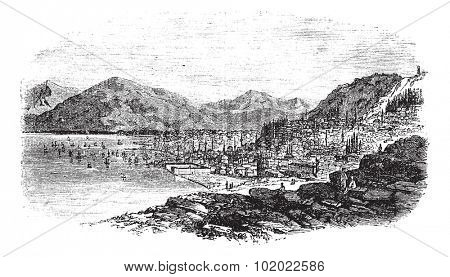 Smyrna in Turkey, during the 1890s, vintage engraving. Old engraved illustration of Smyrna with sea. Trousset encyclopedia (1886 - 1891).