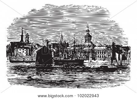 Waterfront at Kingston, Canada vintage engraving. Old engraved illustration of river and buildings at Kingston, Canada, 1800s. Trousset encyclopedia (1886 - 1891).