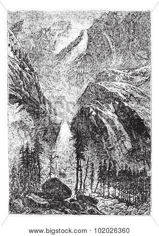 Yosemite Falls in Sierra Nevada, California, United States, during the 1890s, vintage engraving. Old engraved illustration of Yosemite Falls. Trousset encyclopedia (1886 - 1891).
