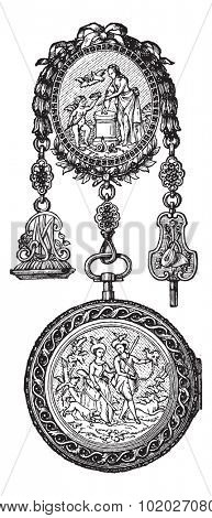 Old engraved illustration of Chatelaine watch of the eighteenth century isolated on a white background. Industrial encyclopedia E.-O. Lami - 1875.