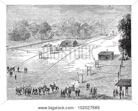 Old engraved illustration of Field of fire (weaponry) for experiment. Industrial encyclopedia E.-O. Lami - 1875.