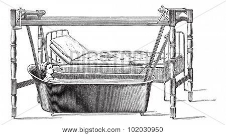 Dupont apparatus for transportation of patients from their beds in the bathtub, vintage engraved illustration. Usual Medicine Dictionary - Paul Labarthe - 1885.