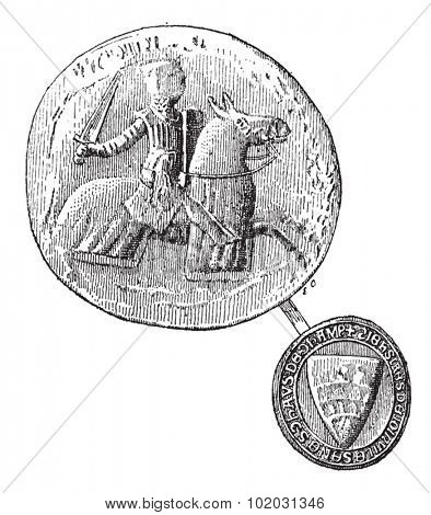 Seal against seal, Jean, Sire de Joinville died in 1317, vintage engraved illustration. Dictionary of words and things - Larive and Fleury - 1895.