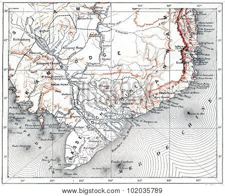 Map of lower Cochinchina and Cambodia, vintage engraved illustration. Dictionary of words and things - Larive and Fleury - 1895.