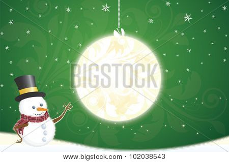 Merry Christmas in green and white background with snowman, ball, and snowflakes or stars, vector illustration