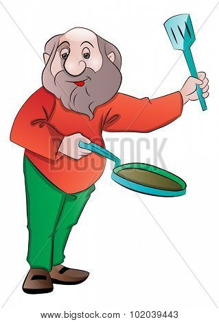 Bearded Old Man with a Frying Pan and Laddle, vector illustration