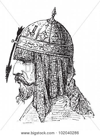 Nasal Helmet, showing Arrow-shaped Nose Protector, vintage engraved illustration. Dictionary of Words and Things - Larive and Fleury - 1895