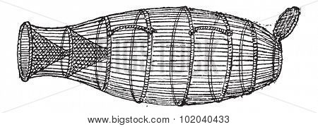 Fish Trap, Basket-type, vintage engraved illustration. Dictionary of Words and Things - Larive and Fleury - 1895