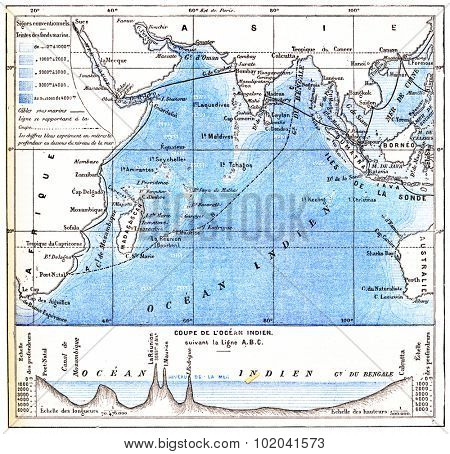 Map of the Indian Ocean, vintage engraved illustration. Dictionary of Words and Things - Larive and Fleury - 1895