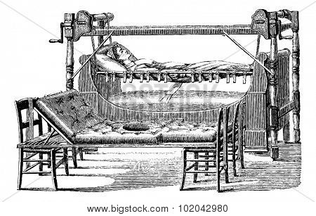 Dupont device to lift the patient and give the wardrobe, vintage engraved illustration. Usual Medicine Dictionary - Paul Labarthe - 1885.