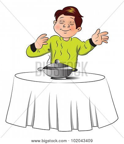 Vector illustration of pleased boy smelling the food in bowl over table..